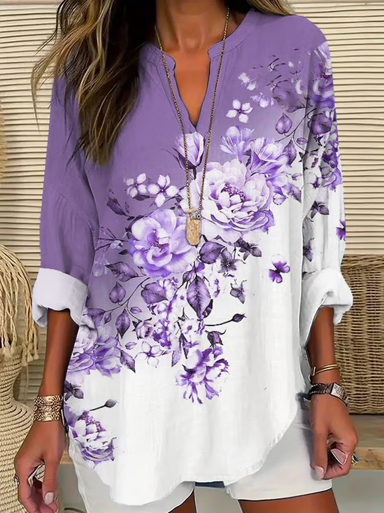 Women Floral Long Sleeve Blouse Spring/Fall Printing V Neck Daily Casual Top