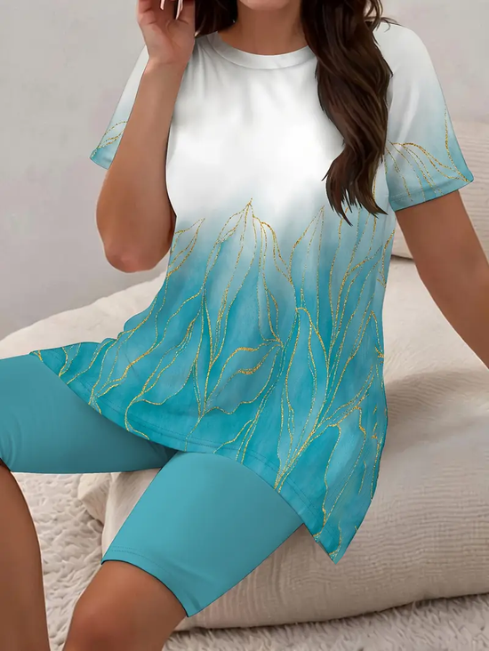 Women Abstract Printing Two-Piece Set Daily Short Sleeve Casual Summer Top With Pants Matching Set