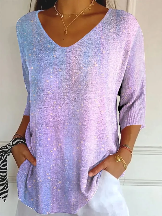 Women Abstract Three Quarter Sleeve Tee T-shirt V Neck Printing Casual Spring/Fall Graphic Tee Top