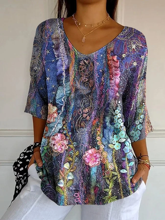 Women Floral Three Quarter Sleeve Tee T-shirt V Neck Printing Casual Spring/Fall Graphic Tee Top