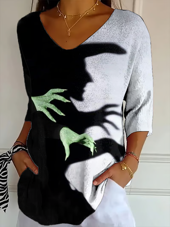 Women Halloween Three Quarter Sleeve Tee T-shirt V Neck Vintage Spring/Fall Top