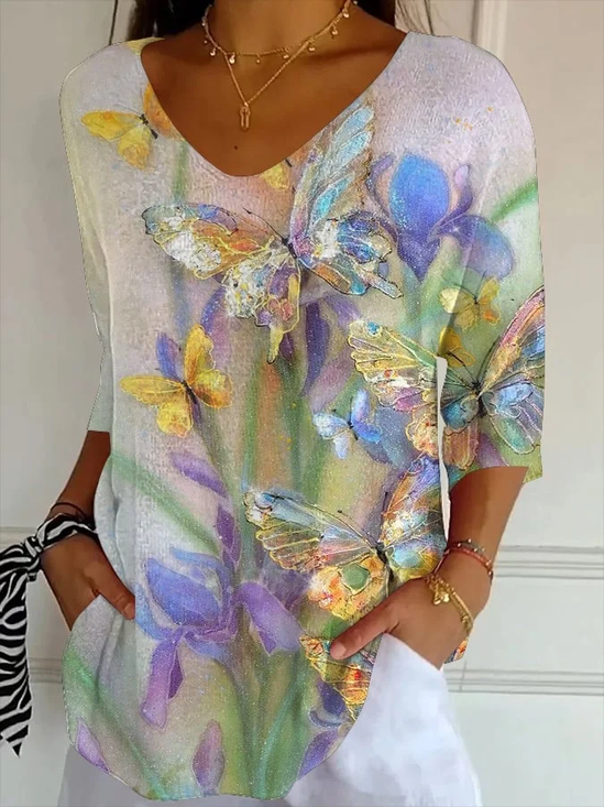 Women Floral Three Quarter Sleeve Tee T-shirt V Neck Printing Casual Spring/Fall Graphic Tee Top