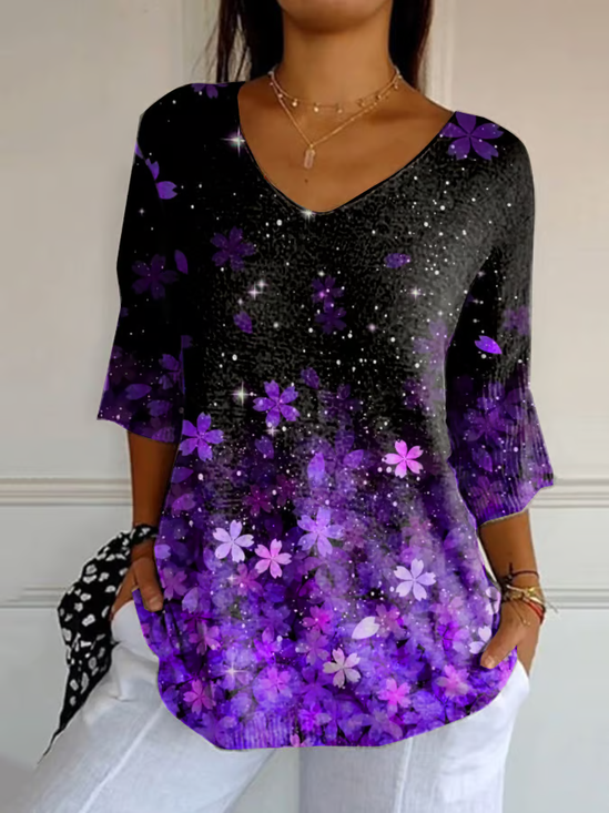 Women Floral Three Quarter Sleeve Tee T-shirt V Neck Printing Casual Spring/Fall Graphic Tee Top