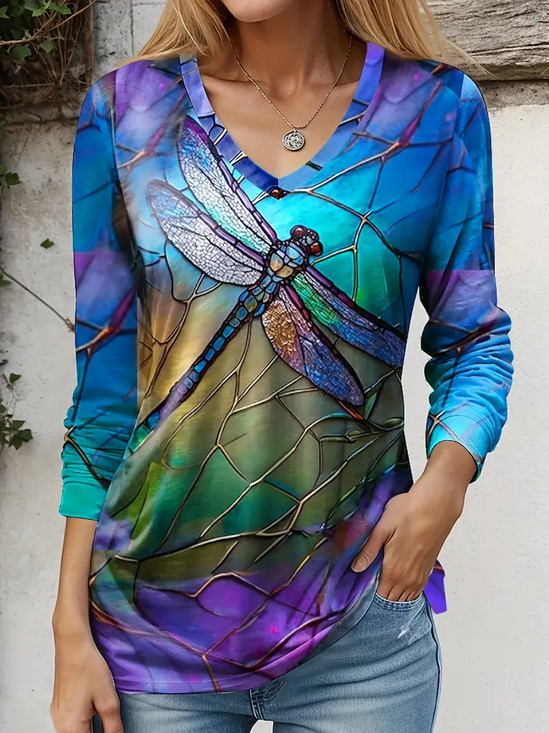 Women Dragonfly Long Sleeve Tee T-shirt V Neck Printing Casual Spring/Fall Graphic Tee Top