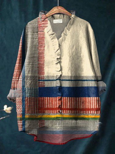 Women Geometric Long Sleeve Shirt Spring/Fall Printing Lotus Leaf Collar Daily Vintage Top