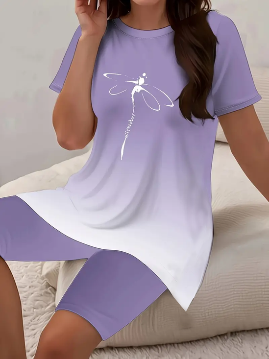 Women Dragonfly Printing Two-Piece Set Daily Short Sleeve Casual Summer Top With Pants Matching Set