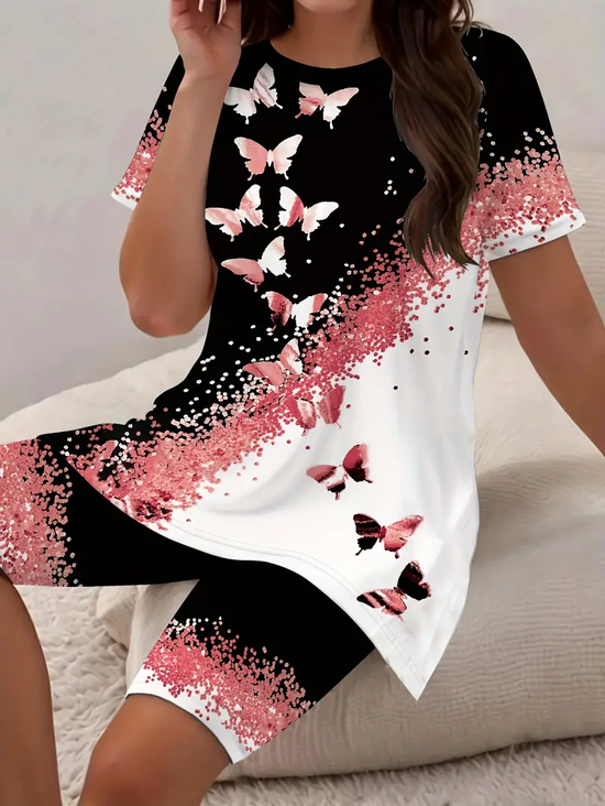 Women Butterfly Printing Two-Piece Set Daily Short Sleeve Casual Summer Top With Pants Matching Set