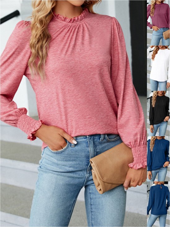 Women Plain Long Sleeve Tee T-shirt Crew Neck Gathered Vintage Spring/Fall Top
