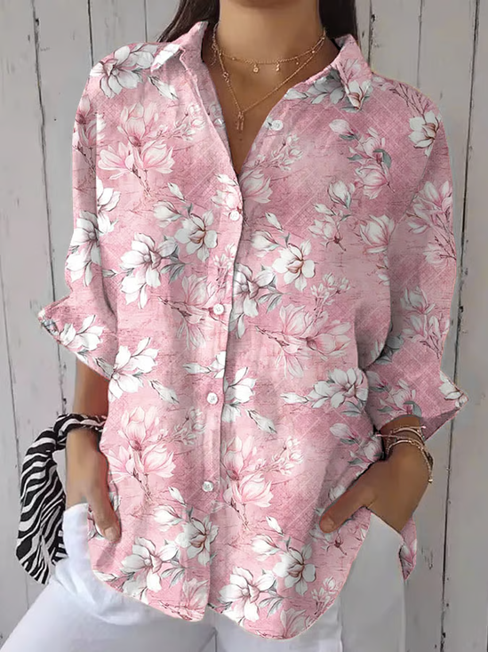 Women Floral Three Quarter Sleeve Shirt Spring/Fall Printing Shirt Collar Daily Casual Top