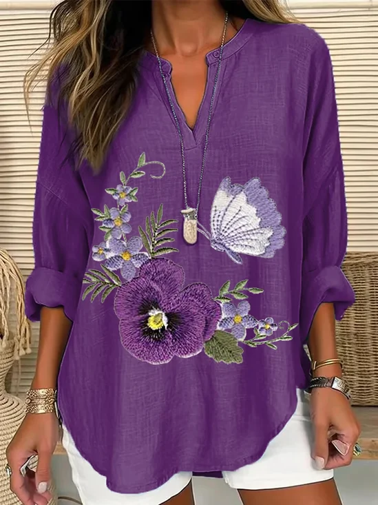 Women Floral Long Sleeve Blouse Spring/Fall Printing V Neck Daily Casual Top
