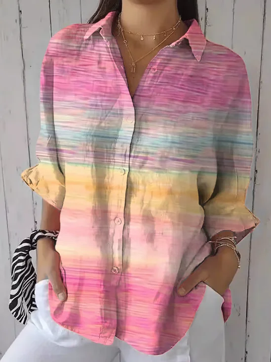 Women Abstract Three Quarter Sleeve Shirt Spring/Fall Printing Shirt Collar Daily Casual Top