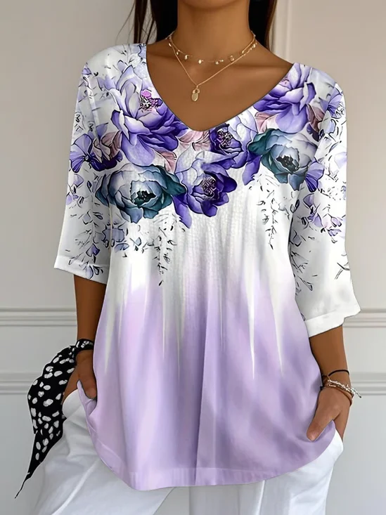 Women Floral Three Quarter Sleeve Tee T-shirt V Neck Printing Casual Spring/Fall Graphic Tee Top