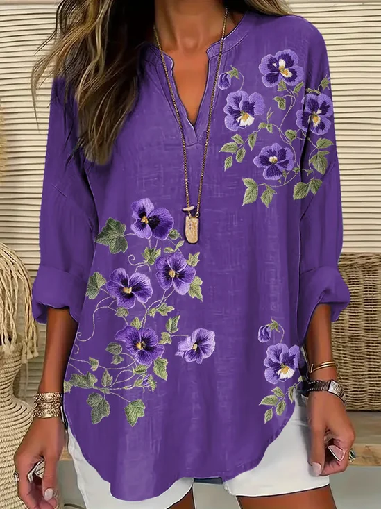 Women Floral Long Sleeve Blouse Spring/Fall Printing V Neck Daily Casual Top