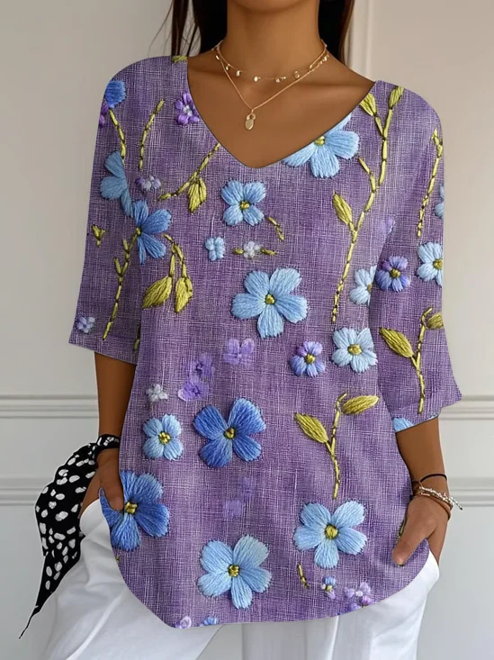 Women Floral Three Quarter Sleeve Tee T-shirt V Neck Printing Casual Spring/Fall Graphic Tee Top