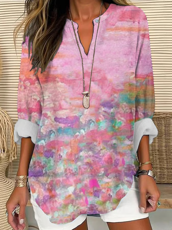 Women Abstract Long Sleeve Blouse Spring/Fall Printing V Neck Daily Casual Top