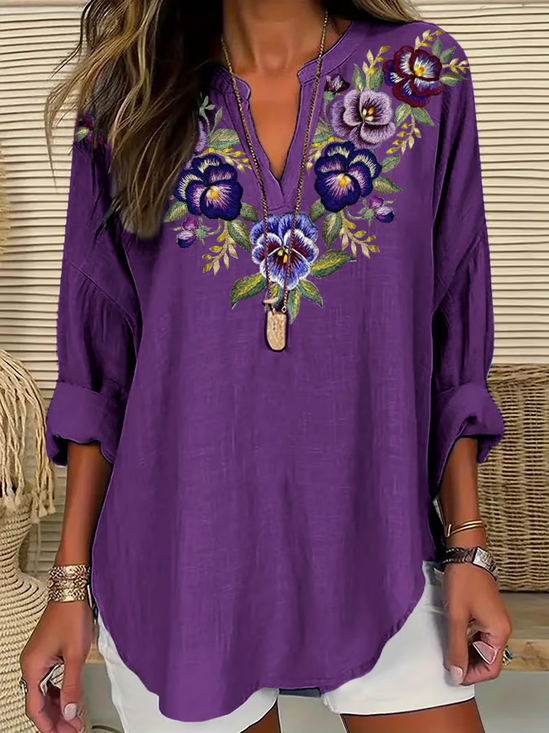 Women Floral Long Sleeve Blouse Spring/Fall Printing V Neck Daily Casual Top