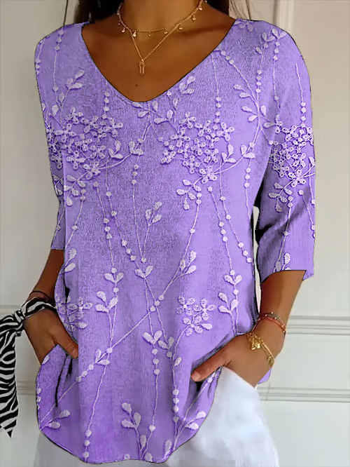 Women Floral Three Quarter Sleeve Tee T-shirt V Neck Printing Casual Spring/Fall Graphic Tee Top