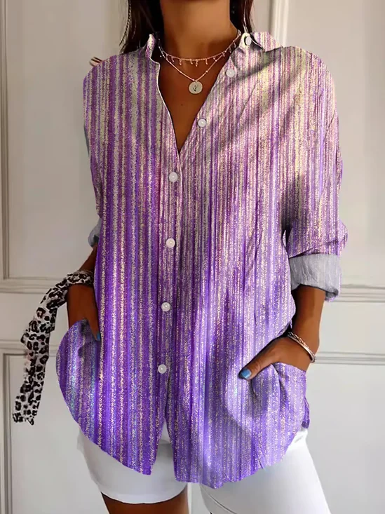 Women Abstract Long Sleeve Shirt Spring/Fall Buckle Shirt Collar Regular Sleeve Daily Casual Top