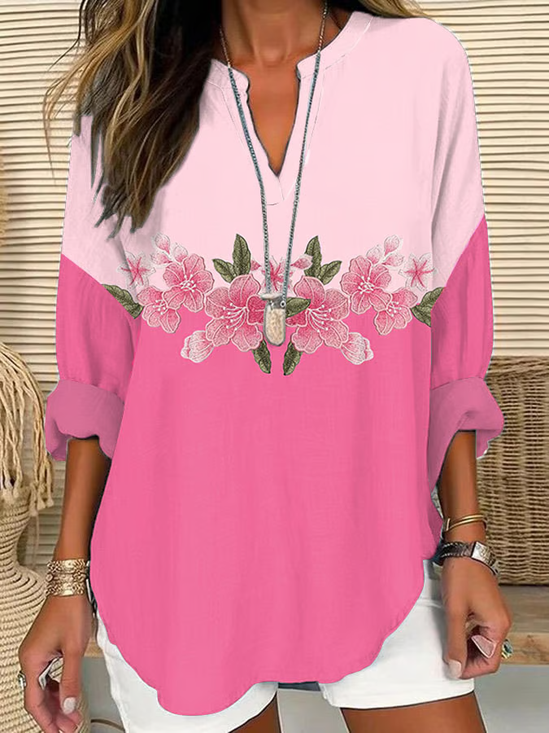 Women Floral Long Sleeve Blouse Spring/Fall Printing V Neck Daily Casual Top
