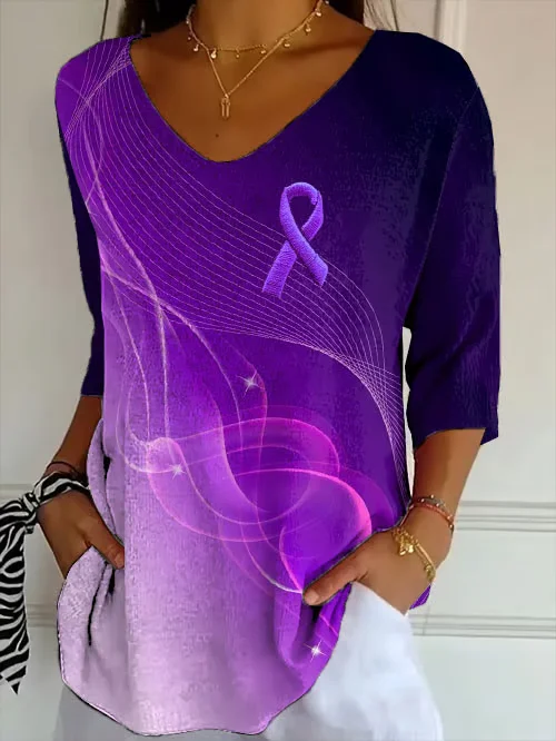 Women Purple Ribbon Three Quarter Sleeve Tee T-shirt V Neck Printing Casual Spring/Fall Graphic Tee Top
