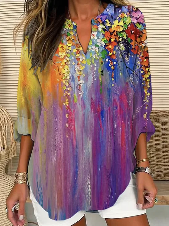 Women Floral Long Sleeve Blouse Spring/Fall Printing V Neck Daily Casual Top