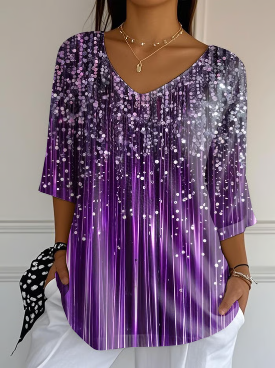 Women Abstract Three Quarter Sleeve Tee T-shirt V Neck Printing Casual Spring/Fall Graphic Tee Top
