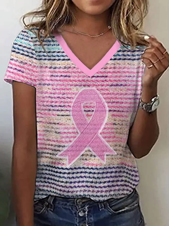 Women Pink Ribbon Short Sleeve Tee T-shirt V Neck Printing Casual Summer Graphic Tee Top