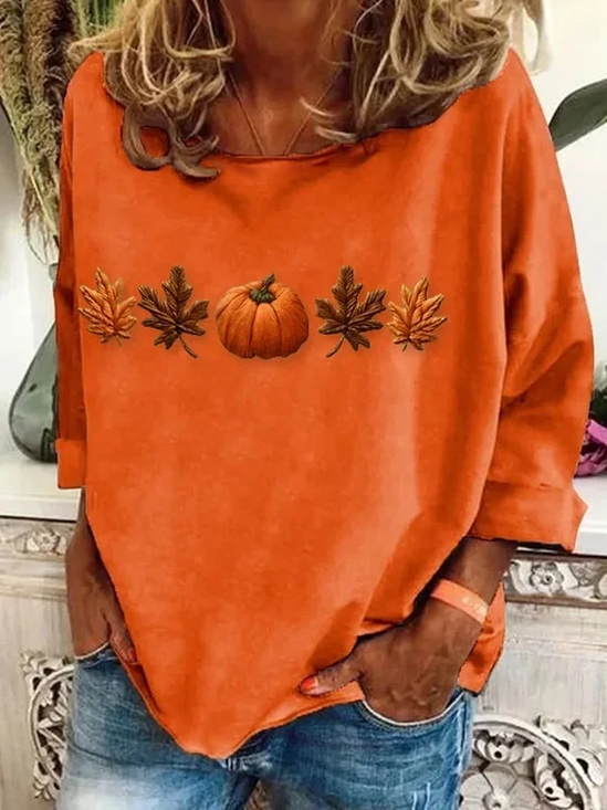 Women Halloween Maple Leaf Long Sleeve Tee T-shirt Crew Neck Printing Casual Spring/Fall Graphic Tee Top