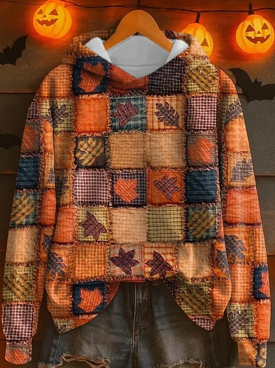 Women Halloween Maple Leaf Print Spring/Fall Long Sleeve Casual Festival Hoodie