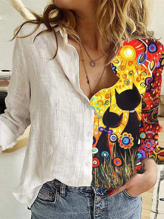 Women Floral Long Sleeve Shirt Spring/Fall Printing Stand Collar Daily Vintage Top