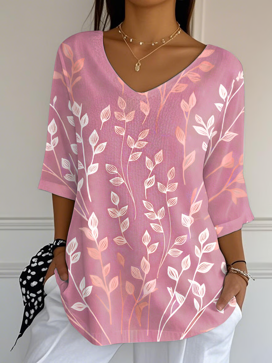 Women Floral Three Quarter Sleeve Tee T-shirt V Neck Printing Casual Spring/Fall Graphic Tee Top
