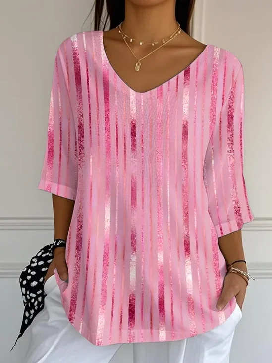 Women Abstract Three Quarter Sleeve Tee T-shirt V Neck Printing Casual Spring/Fall Graphic Tee Top