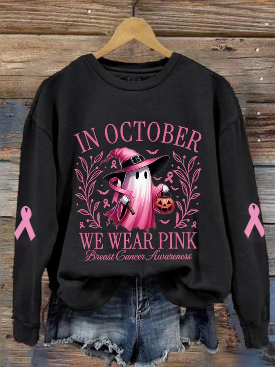 Women Halloween Spooky Text Letter We Are Pink Ribbon Print Crew Neck Spring/Fall Long Sleeve Sweatshirt