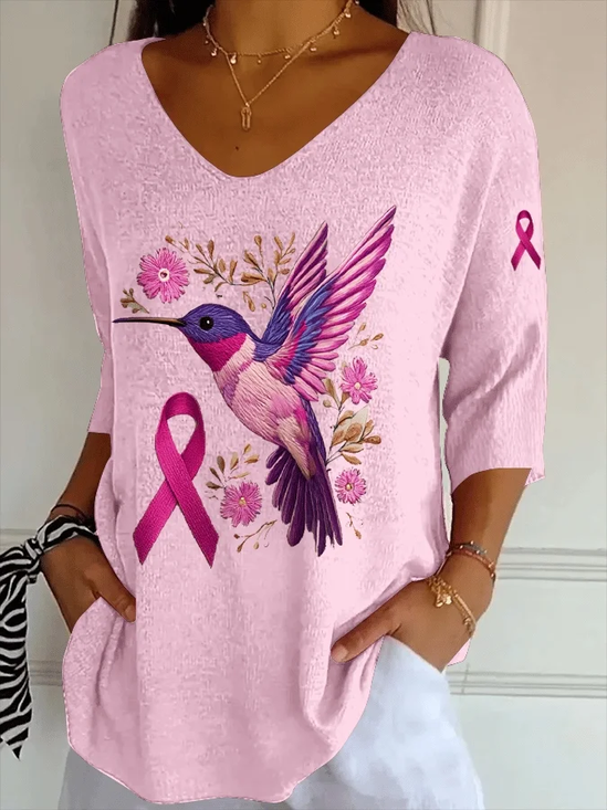 Women Floral Three Quarter Sleeve Tee T-shirt V Neck Printing Casual Spring/Fall Graphic Tee Top