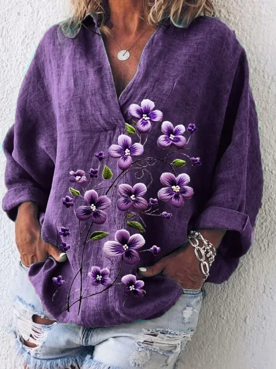 Women Floral Long Sleeve Shirt Spring/Fall Printing Shawl Collar Daily Casual Top