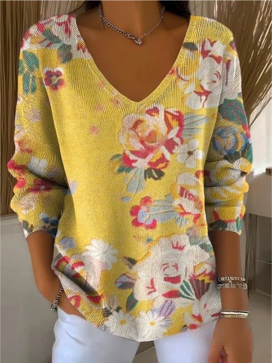 Women Floral Spring/Fall Casual Long Sleeve V Neck Cotton Sweater