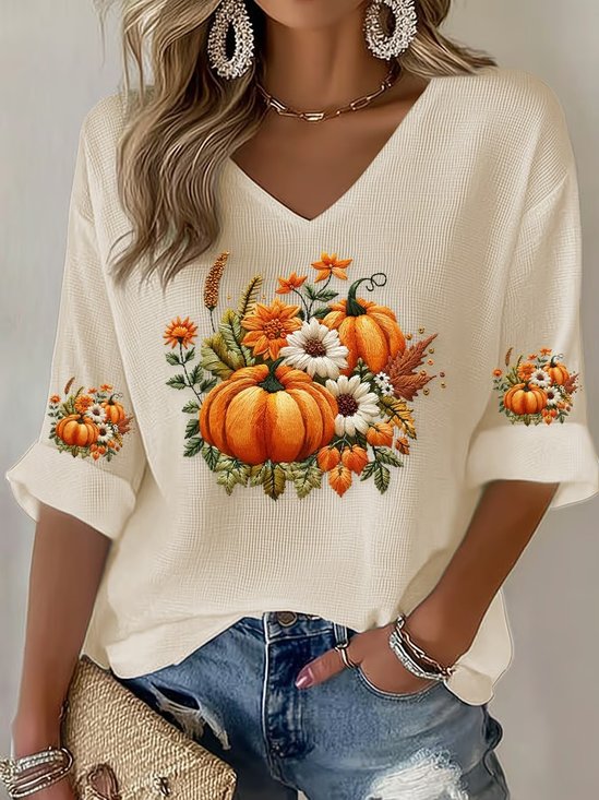 Women Halloween (pumpkin) Three Quarter Sleeve Tee T-shirt V Neck Vintage Spring/Fall Top
