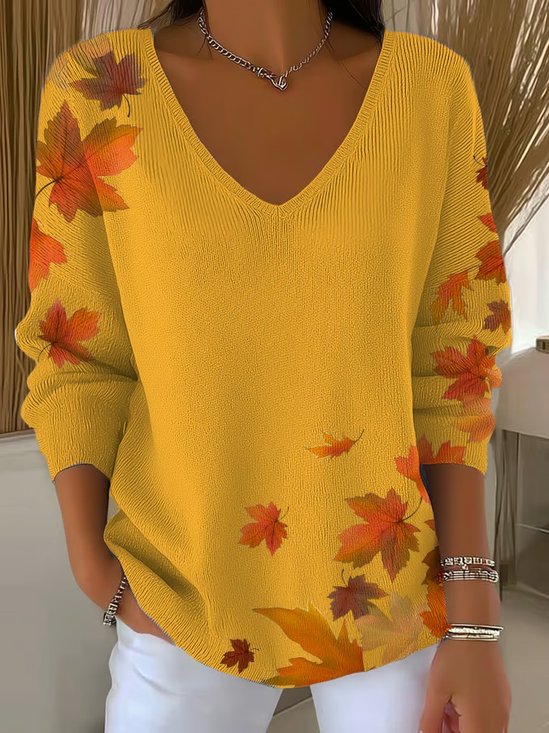 Women Maple Leaf Three Quarter Sleeve Tee T-shirt V Neck Vintage Spring/Fall Top