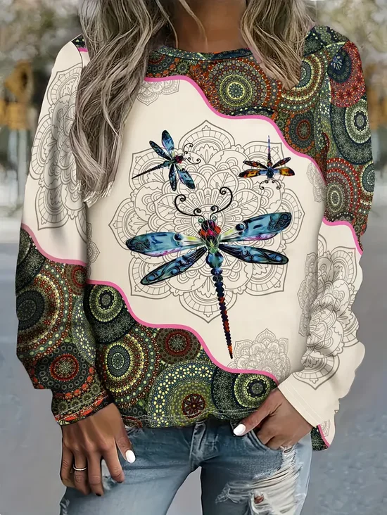 Women Dragonfly Crew Neck Printing Casual Spring/Fall Long Sleeve Sweatshirt