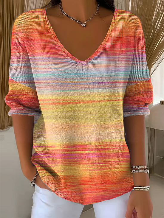 Women Striped Three Quarter Sleeve Tee T-shirt V Neck Vintage Spring/Fall Top