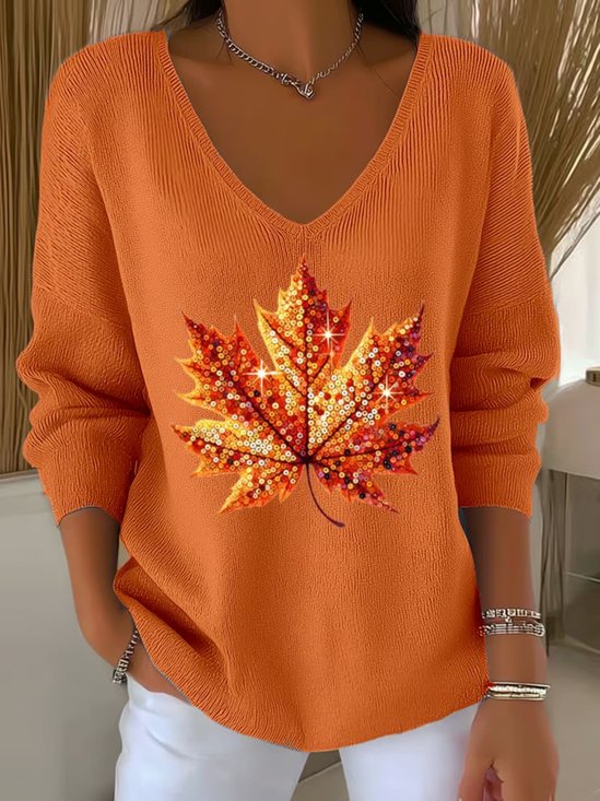 Women Maple Leaf Spring/Fall Casual Long Sleeve V Neck Cotton Sweater