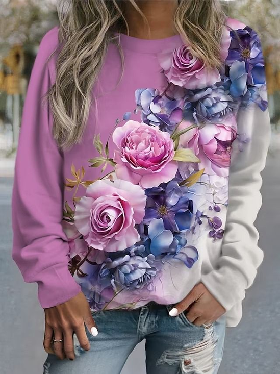 Women Floral Crew Neck Printing Casual Spring/Fall Long Sleeve Sweatshirt
