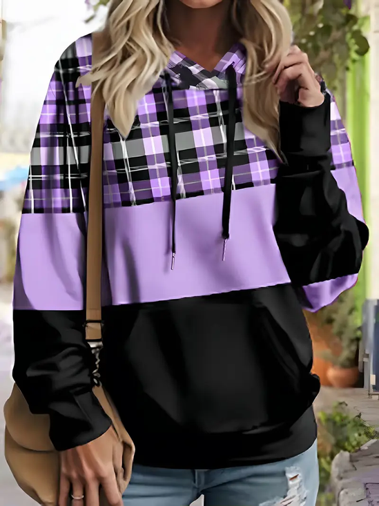 Women Plaid Spring/Fall Printing Long Sleeve Casual Daily Hoodie