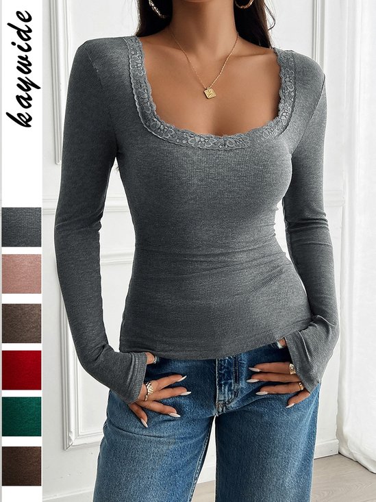 Women Floral Long Sleeve Tee T-shirt Square Neck Split Joint Casual Spring/Fall Top