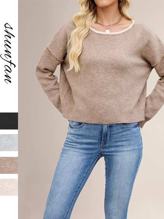 Women Plain Split Joint Winter Street Long Sleeve Crew Neck Sweater