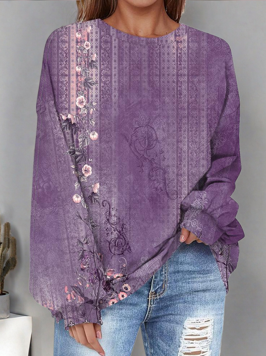 Women Floral Crew Neck Printing Casual Spring/Fall Long Sleeve Sweatshirt