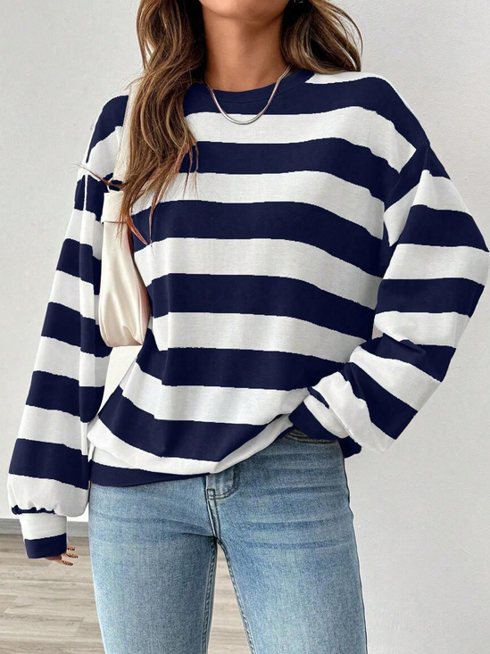Women Striped Crew Neck Printing Casual Spring/Fall Long Sleeve Sweatshirt