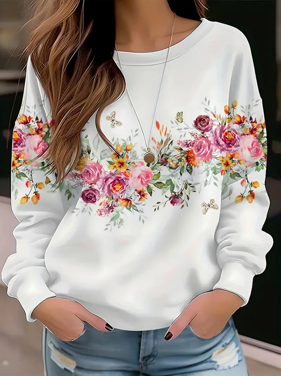 Women Floral Crew Neck Printing Casual Spring/Fall Long Sleeve Sweatshirt