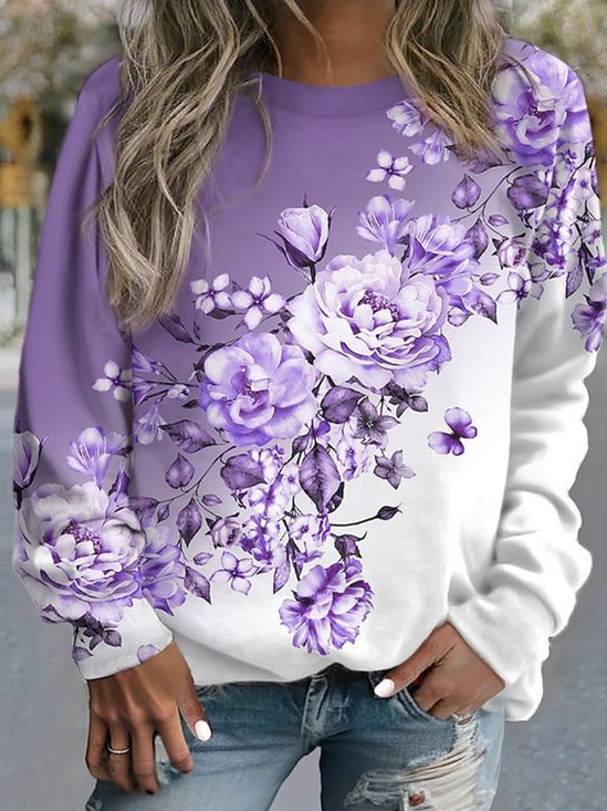 Women Floral Crew Neck Printing Casual Spring/Fall Long Sleeve Sweatshirt