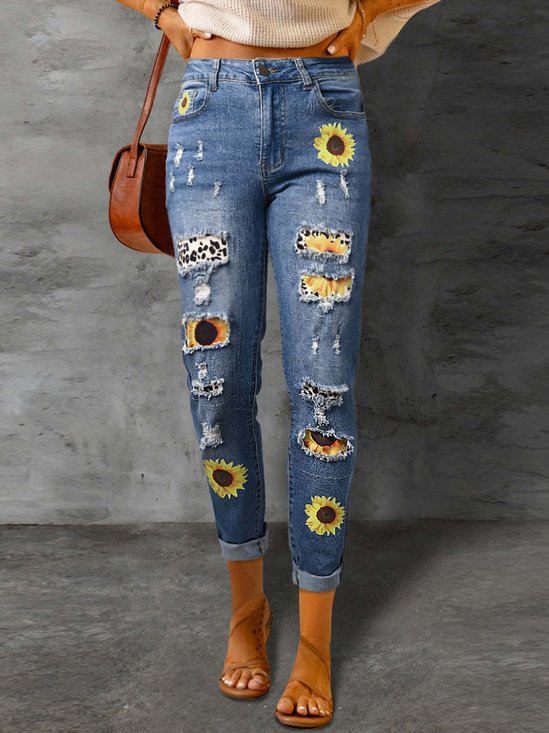 Street Leopard Fashion Slim-fit Printed Patchwork Ripped Jeans